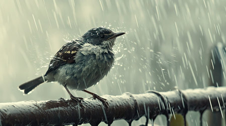 A bird perched on a fence in the rain, shaking off water from its feathers.の素材