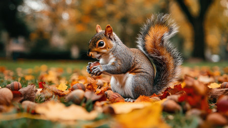 A close-up of a squirrel gathering acorns among fallen autumn leaves in a park.の素材