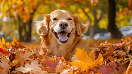 A dog joyfully playing in a pile of fallen leaves, with vibrant autumn trees in the background.の素材