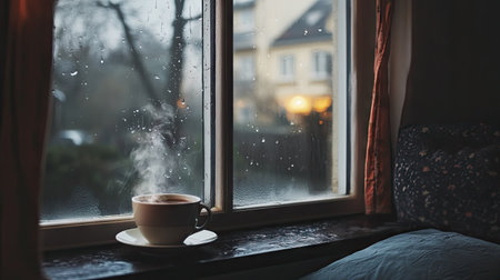 A cozy room with a rainy view through the window, a steaming cup of tea on the windowsill.の素材