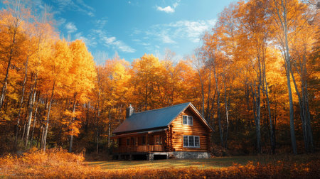 A cozy cabin surrounded by trees in full fall foliage, with a clear blue sky overhead.の素材