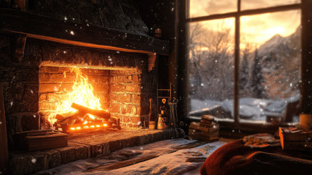 A cozy fire burning in a fireplace, with snow visible through the window.の素材