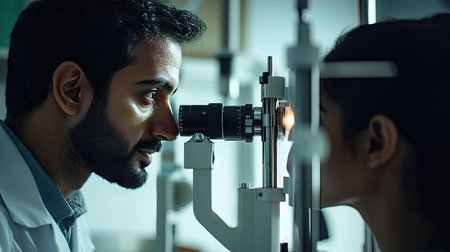 A doctor examining a patient's eye for cataracts using a slit lamp in a well-lit clinicの素材