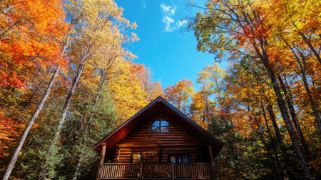 A cozy cabin surrounded by trees in full fall foliage, with a clear blue sky overhead.の素材