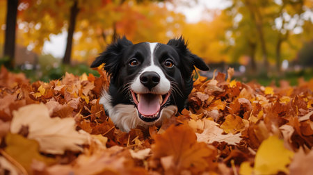 A dog joyfully playing in a pile of fallen leaves, with vibrant autumn trees in the background.の素材