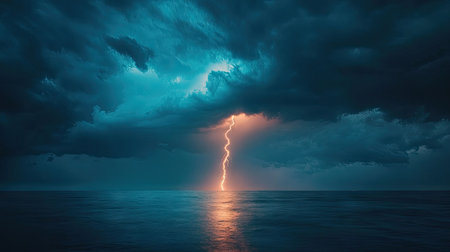 A dramatic lightning bolt striking the horizon during a heavy thunderstorm.の素材
