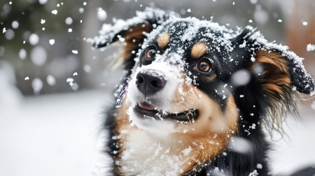 A dog playing in the snow, with snowflakes covering its fur and a joyful expression.の素材