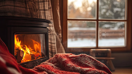 A cozy fire burning in a fireplace, with snow visible through the window.の素材