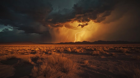 A dramatic desert lightning storm in the distance, illuminating the dark sky over the sandy terrain.の素材