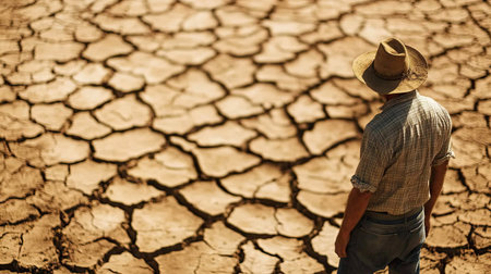 A farmer examining his dry and cracked farmland, worrying about the drought affecting his crops.の素材
