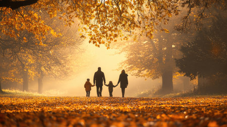 A family walking through a park covered in fallen leaves, enjoying the crisp autumn air.の素材