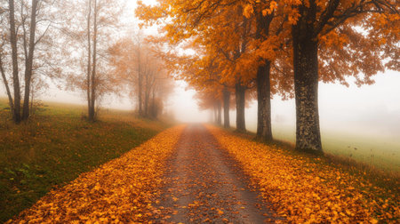 A foggy fall morning in the countryside, with trees covered in orange and yellow leaves.の素材