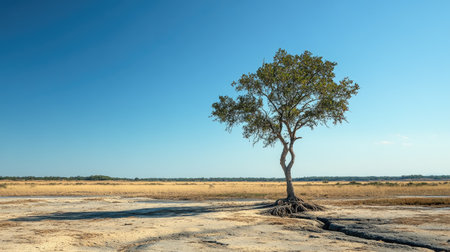A lone tree standing in the middle of a dried-up riverbed, with parched soil and a cloudless sky.の素材