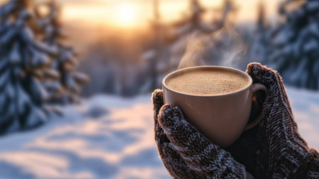 A hot cup of cocoa held in gloved hands, with a snowy winter landscape in the background.の素材
