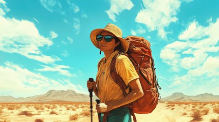 A hiker trekking across the desert with a backpack, sunglasses, and a wide-brimmed hat to protect from the sun.の素材