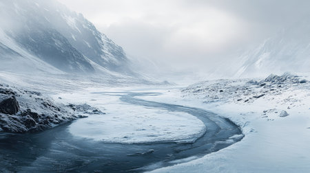A frozen river winding through a snow-covered valley, with mountains in the distance.の素材