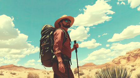 A hiker trekking across the desert with a backpack, sunglasses, and a wide-brimmed hat to protect from the sun.の素材