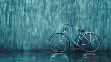 A lone bicycle parked against a rain-soaked wall, with droplets falling from the handlebars. -の素材