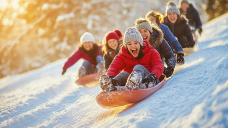 A group of friends sledding down a hill, with laughter and joy filling the cold winter air.の素材