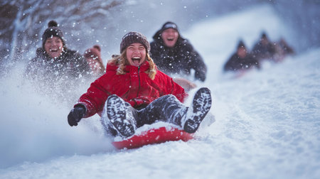 A group of friends sledding down a hill, with laughter and joy filling the cold winter air.の素材