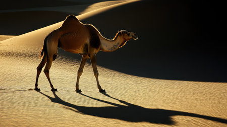 A lone camel walking across the desert, casting a long shadow on the sunlit sand dunesの素材