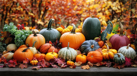A harvest table decorated with pumpkins, gourds, and seasonal produce, set against a backdrop of autumn leaves.の素材