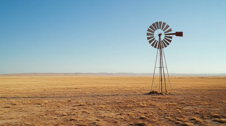 A lone windmill spinning in the dry season heat, with a barren landscape stretching out into the horizonの素材