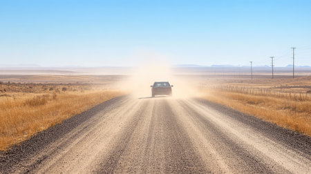 A dust-covered car driving down a long, dry road in a rural area, with a dry, cloudless sky overhead.の素材