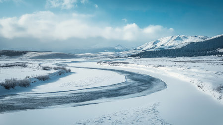 A frozen river winding through a snow-covered valley, with mountains in the distance.の素材