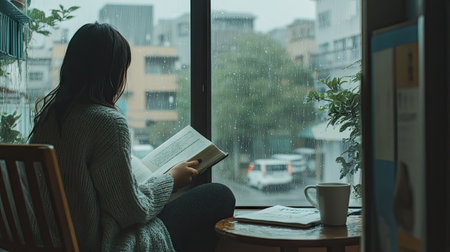 A person sitting by the window, looking out at the rainy day, with a book and coffee nearby. -の素材