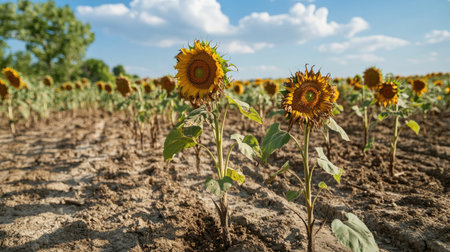 A dry field of sunflowers, their heads bowed and leaves wilted, showing the harsh effects of the dry season.の素材