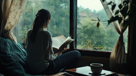 A person sitting by the window, looking out at the rainy day, with a book and coffee nearby. -の素材