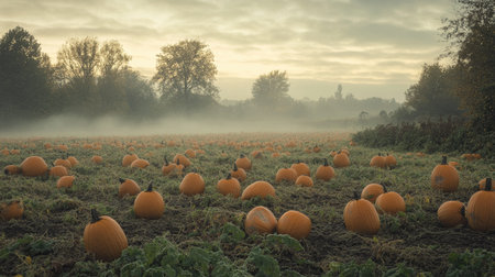 A foggy autumn morning in the countryside, with a field of pumpkins and trees in the backgroundの素材
