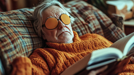 A patient wearing an eye patch after cataract surgery, resting at home with a book and eyeglasses nearby.の素材