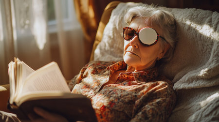 A patient wearing an eye patch after cataract surgery, resting at home with a book and eyeglasses nearby.の素材