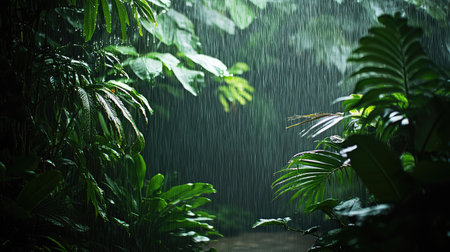 A peaceful rain falling in a tropical garden, with lush green plants soaking up the water.の素材