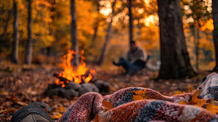 A person holding a warm blanket while sitting in front of a campfire, surrounded by trees with colorful fall leaves.の素材