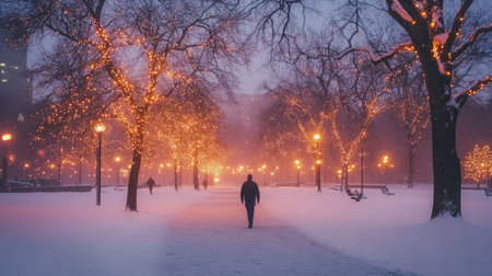 A person walking through a snow-covered city park at dusk, with lights twinkling in the trees. -の素材