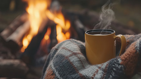 A person cozying up by the fire, wrapped in a blanket with a cup of hot tea.の素材