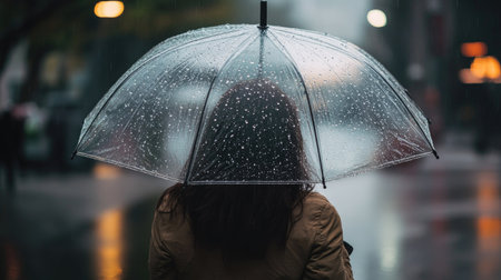 A person holding a transparent umbrella, with raindrops clearly visible on the surfaceの素材