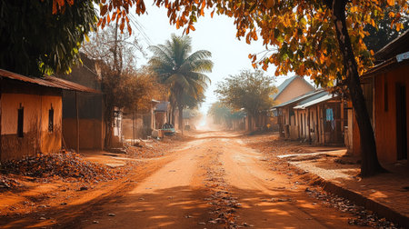 A dusty, wind-swept street in a rural town during the dry season, with dry leaves scattered on the ground.の素材
