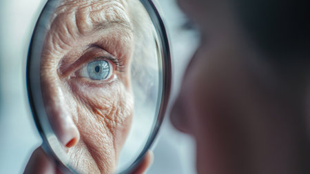 A patient looking at a foggy mirror, representing the vision impairment caused by cataracts.の素材
