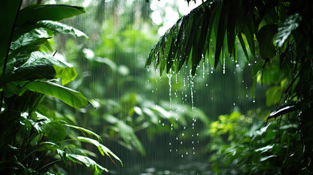 A peaceful rain falling in a tropical garden, with lush green plants soaking up the water.の素材