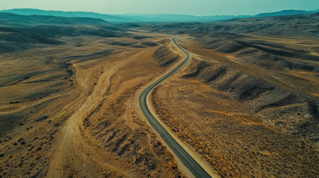 A long, winding desert road cutting through the arid landscape, disappearing into the distance.の素材