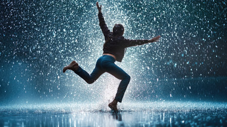 A person dancing joyfully in the rain, surrounded by water splashes.の素材