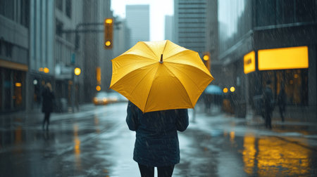 A person walking down a city street holding a bright yellow umbrella in the pouring rain.の素材