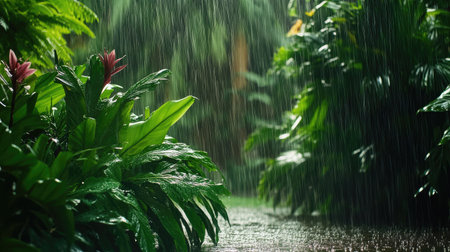 A peaceful rain falling in a tropical garden, with lush green plants soaking up the water.の素材