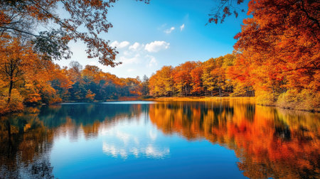 A peaceful lake surrounded by trees with bright fall colors reflecting on the water.の素材