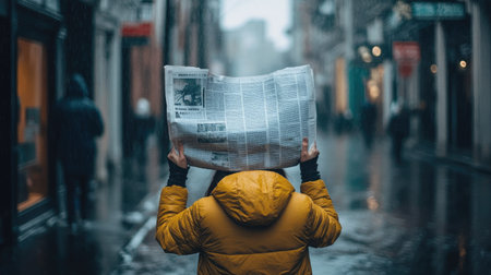 A person holding a rain-soaked newspaper over their head as they rush down a street.の素材