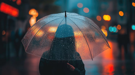 A person holding a transparent umbrella, with raindrops clearly visible on the surfaceの素材
